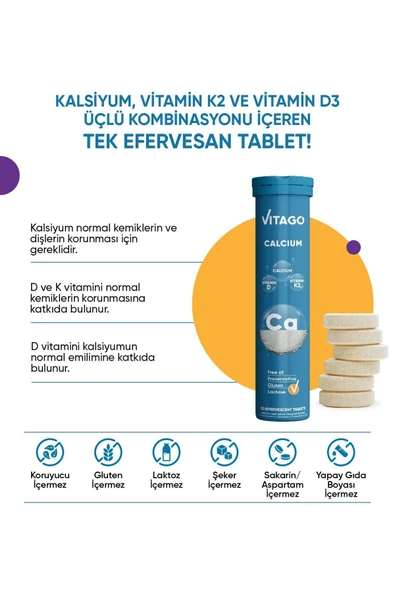 Vitago Prokalsiyum, Vitamin D,vitamin K2 Efervesan Tablet - Resim 2