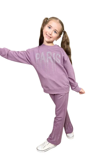 Kız Çocuk Kristal Taş Paris Yazılı İspanyol Paça Mor Eşofman Takım - Resim 8