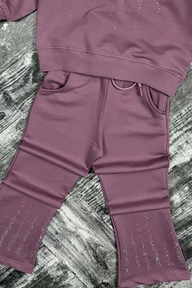 Kız Çocuk Kristal Taş Paris Yazılı İspanyol Paça Mor Eşofman Takım - Resim 6