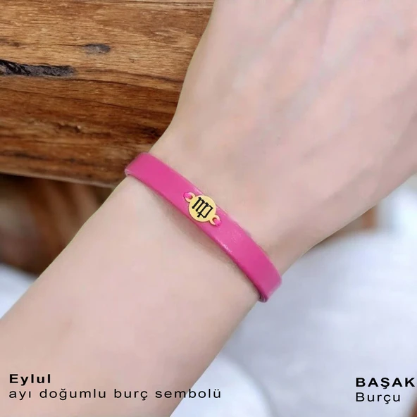 Doğum Ayına Özel 14 Ayar Altın Plakalı Yuvarlak Motifli Doğal Pembe Derili Hediye Bileklik-394 - Resim 2