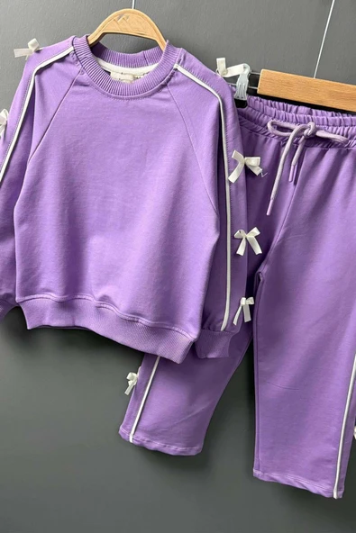 Kız Çocuk Kolları ve Gövdesi Fiyonk Şerit Detaylı Lila Eşofman Takım - Resim 6