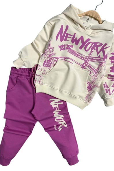 Kız Çocuk Üzeri New York Yazı Detaylı Bilekleri Manşetli Sweatshirt Mor Eşofman Takım - Resim 6