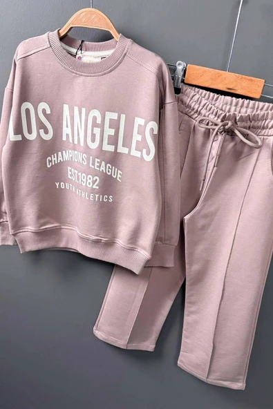 Kız Çocuk Üzeri New Los Angeles Detaylı Bilekleri Manşetli Bol Kesim Pudra Eşofman Takım - Resim 6
