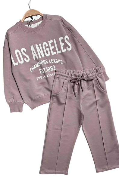 Kız Çocuk Üzeri New Los Angeles Detaylı Bilekleri Manşetli Bol Kesim Pudra Eşofman Takım - Resim 7