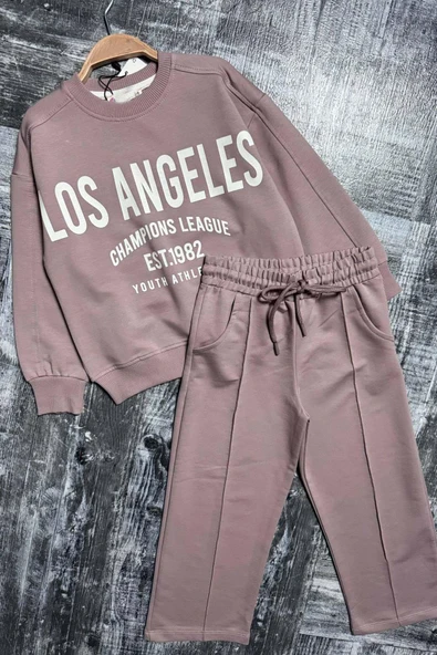 Kız Çocuk Üzeri New Los Angeles Detaylı Bilekleri Manşetli Bol Kesim Pudra Eşofman Takım - Resim 3
