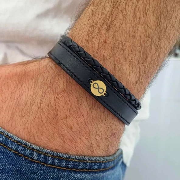Yuvarlak Motifli Sonsuzluk Temalı Hakiki Siyah Derili 14 Ayar Altın Plakalı Erkeklere Özel Hediye Bileklik-396 ürün görseli