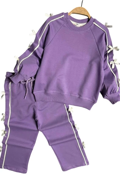 Kız Çocuk Kolları ve Gövdesi Fiyonk Şerit Detaylı Lila Eşofman Takım - Resim 7