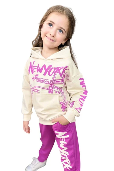 Kız Çocuk Üzeri New York Yazı Detaylı Bilekleri Manşetli Sweatshirt Mor Eşofman Takım - Resim 8