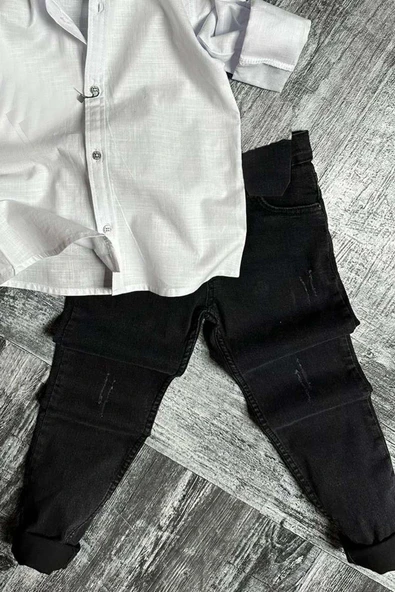 Erkek Çocuk Dokuma Gömlek ve Likralı Gabardin Siyah Jean Alt Üst Takım - 3