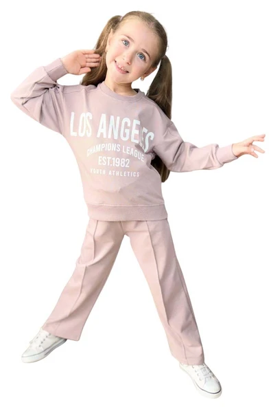 Kız Çocuk Üzeri New Los Angeles Detaylı Bilekleri Manşetli Bol Kesim Pudra Eşofman Takım - Resim 9