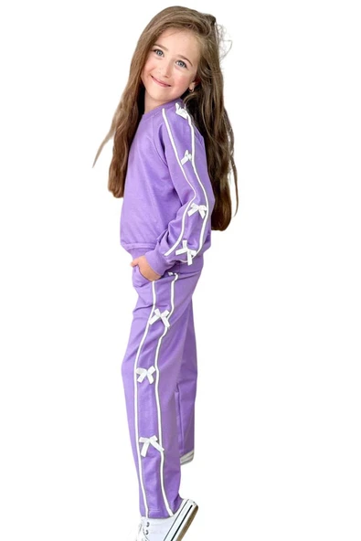 Kız Çocuk Kolları ve Gövdesi Fiyonk Şerit Detaylı Lila Eşofman Takım - Resim 9