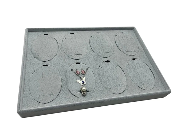 Süet Kumaş Gri 34-24 Cm Ayaklı 8 Pedli Kolye Tabla Stand - 5