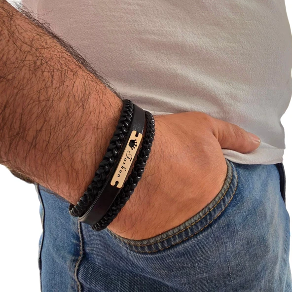 İsme Özel Taç Motifli Hakiki Siyah Derili 14 Ayar Altın Plakalı Hediye Bileklik-397 - Resim 2