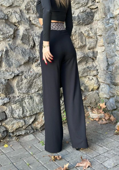 Kadın Belde Kruvaze Ve Ribana Detay Ispanyol Paça Ithal Krep Pantolon - Resim 3