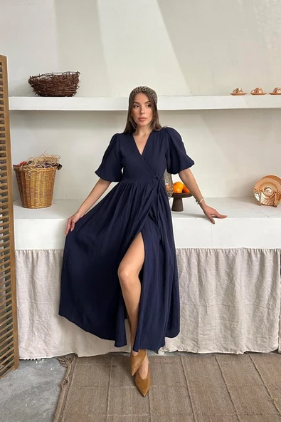 Lacivert Müslin Uzun Elbise ürün görseli