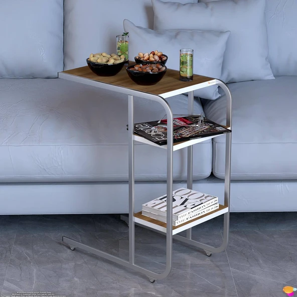 Modilayn C Yan Sehpa Dar Boy Tekerlekli Çalışma, Atıştırmalık, Yemek, Laptop Sehpası Ceviz - 2