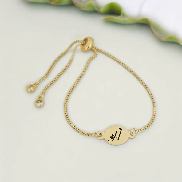 Harfe Özel 14 Ayar Altın Plakalı Oval Figürlü Altın Renkli Zincirli Hediye Bileklik-399 ürün görseli