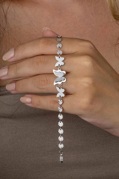 Gümüş Pazarım Beyaz Altın Kaplama Kelebek Kadın Çelik Bileklik