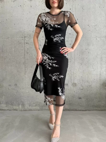 Baskılı Şifon Kimono Elbise - Siyah - Resim 4