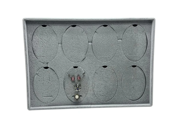 Süet Kumaş Gri 34-24 Cm Ayaklı 8 Pedli Kolye Tabla Stand - 4