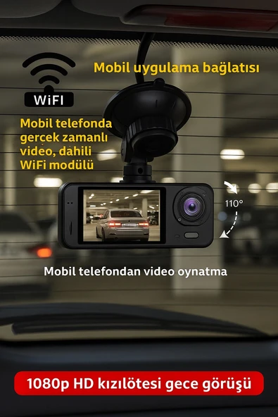 WiFi Destekli 3 Lensli Araç Kamerası  1080P Full HD Gece Görüşü, G Sensör, 360 Kayıt - 2