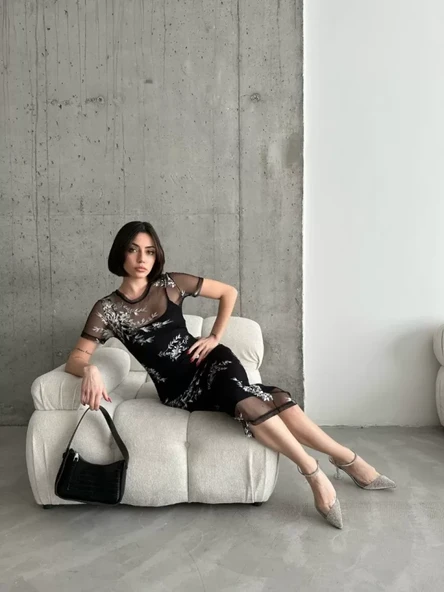 Baskılı Şifon Kimono Elbise - Siyah - Resim 3