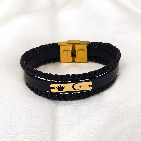 Sembole Özel Hakiki Siyah Derili 14 Ayar Altın Plakalı Taç Motifli Hediye Bileklik-397 ürün görseli