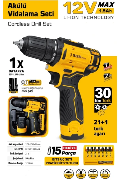 SGS Plus 12V Li-Ion Şarjlı Vidalama Seti 30Nm Güç LED Işıklı Darbeli Matkap SGS-5147 - Resim 2
