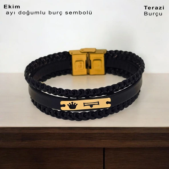 Doğum Ayına Özel 14 Ayar Altın Plakalı Taç Motifli Hakiki Siyah Derili Hediye Bileklik-397 ürün görseli
