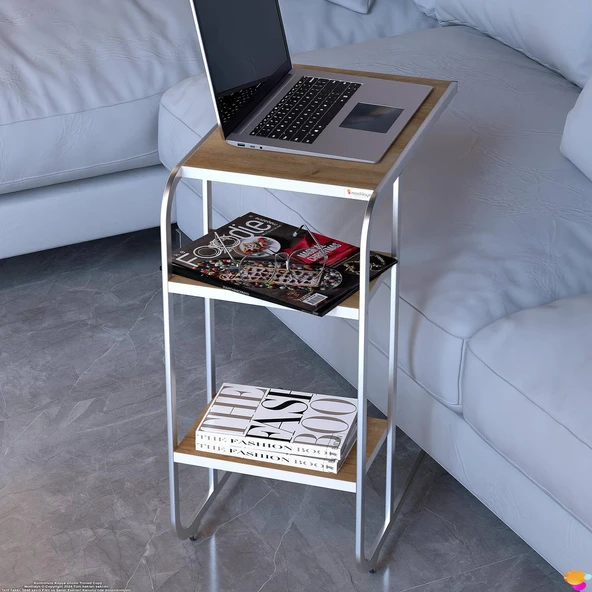 Modilayn C Yan Sehpa Dar Boy Tekerlekli Çalışma, Atıştırmalık, Yemek, Laptop Sehpası Meşe - 11