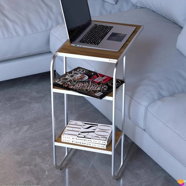Modilayn C Yan Sehpa Dar Boy Tekerlekli Çalışma, Atıştırmalık, Yemek, Laptop Sehpası Ceviz - 6