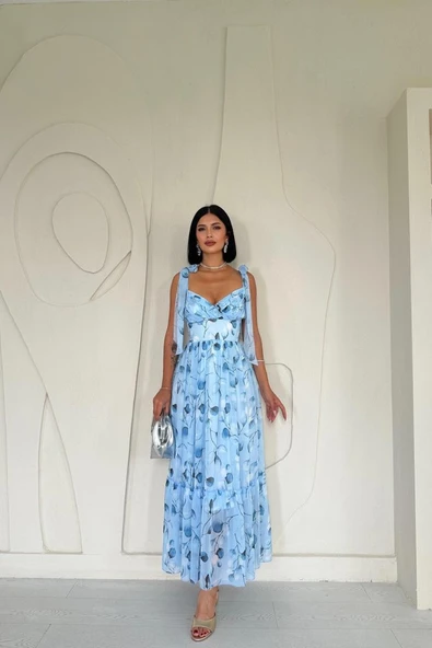 Mavi Şifon Drapeli Elbise ürün görseli