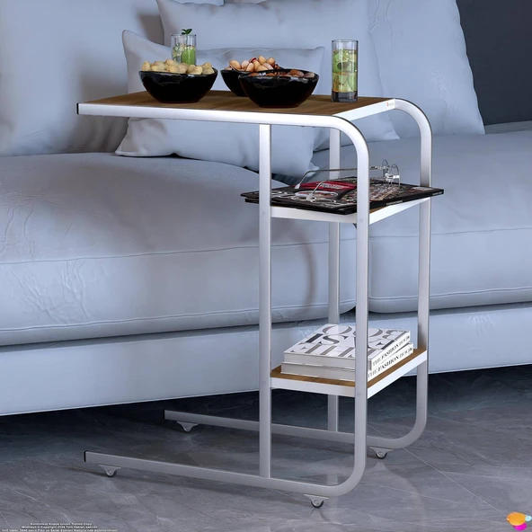 Modilayn C Yan Sehpa Dar Boy Tekerlekli Çalışma, Atıştırmalık, Yemek, Laptop Sehpası Ceviz - 3