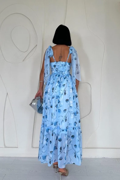 Mavi Şifon Drapeli Elbise - Resim 4