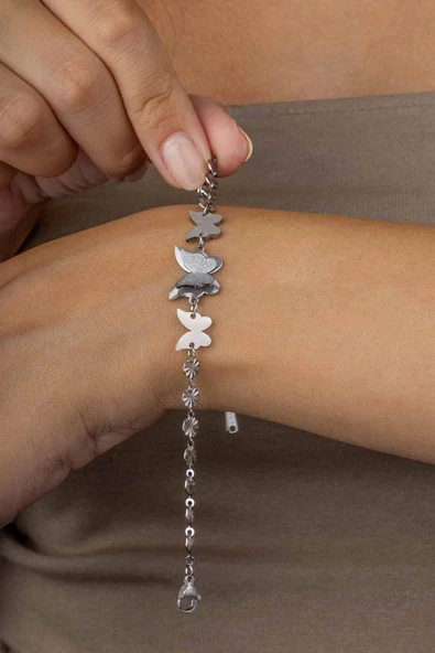 Gümüş Pazarım Beyaz Altın Kaplama Kelebek Kadın Çelik Bileklik - 2