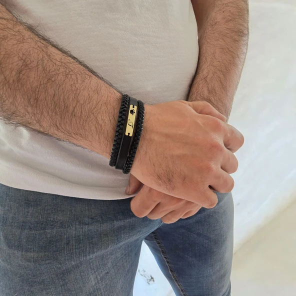 Harfe Özel 14 Ayar Altın Plakalı Taç Motifli Hakiki Siyah Derili Hediye Bileklik-397 - 3