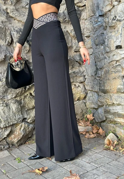 Kadın Belde Kruvaze Ve Ribana Detay Ispanyol Paça Ithal Krep Pantolon - Resim 2