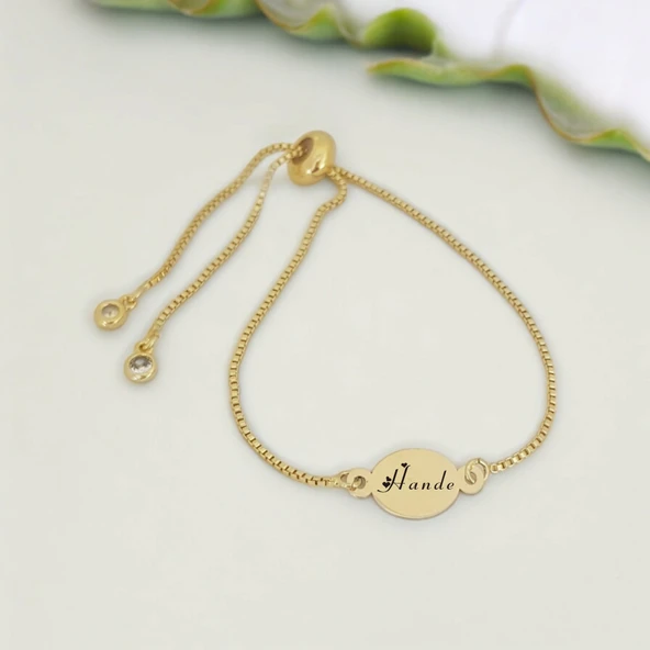 İsme Özel Oval Figürlü Altın Renkli Zincirli 14 Ayar Altın Plakalı Hediye Bileklik-399 ürün görseli