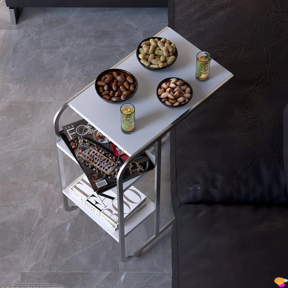 Modilayn C Yan Sehpa Dar Boy Tekerlekli Çalışma, Atıştırmalık, Yemek, Laptop Sehpası Beyaz