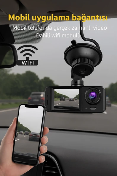 WiFi Destekli 3 Lensli Araç Kamerası  1080P Full HD Gece Görüşü, G Sensör, 360 Kayıt - 5