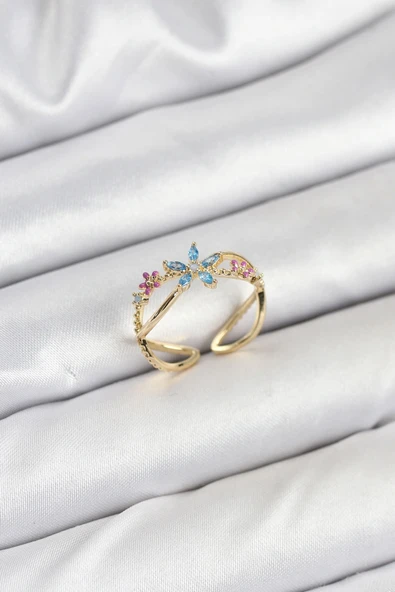 Pirinç Gold Renk Zirkon Taşlı Mavi Çiçekli Kadın Yüzük ürün görseli 1