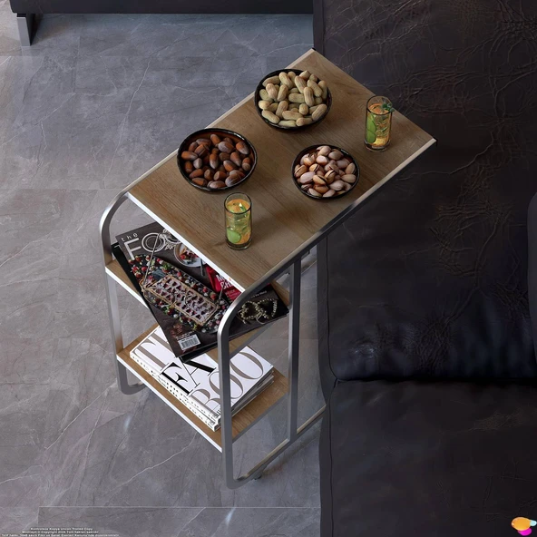 Modilayn C Yan Sehpa Dar Boy Tekerlekli Çalışma, Atıştırmalık, Yemek, Laptop Sehpası Meşe