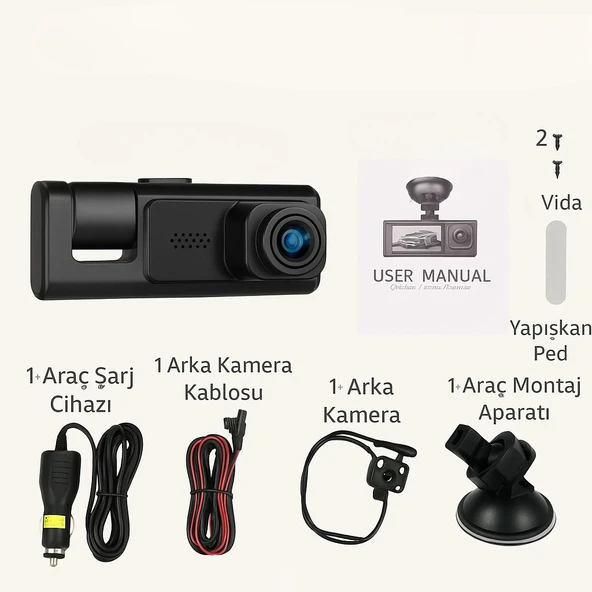 WiFi Destekli 3 Lensli Araç Kamerası  1080P Full HD Gece Görüşü, G Sensör, 360 Kayıt - 8
