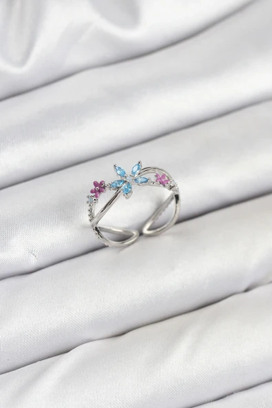 Pirinç Gümüş Renk Zirkon Taşlı Mavi Çiçekli Kadın Yüzük ürün görseli 1