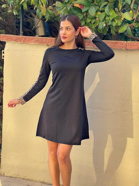 Kadın Uzun Kollu Bisiklet Yaka Kollar Leopar Detay Iki Iplik Mini Boy Elbise - Resim 2