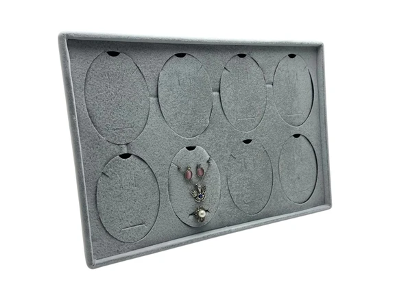 Süet Kumaş Gri 34-24 Cm Ayaklı 8 Pedli Kolye Tabla Stand - 1