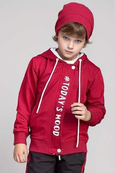 Erkek Çocuk Üzeri Todays Mod Yazı Ve Şerit Detaylı Kapüşonlu Bordo Eşofman Takım - Resim 2