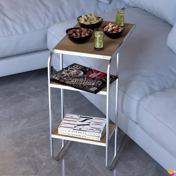 Modilayn C Yan Sehpa Dar Boy Tekerlekli Çalışma, Atıştırmalık, Yemek, Laptop Sehpası Meşe - 7