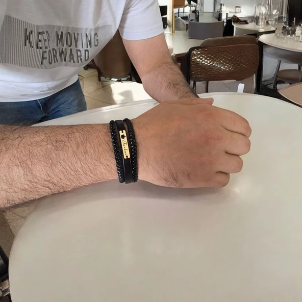 İsme Özel Taç Motifli Hakiki Siyah Derili 14 Ayar Altın Plakalı Hediye Bileklik-397 - Resim 4