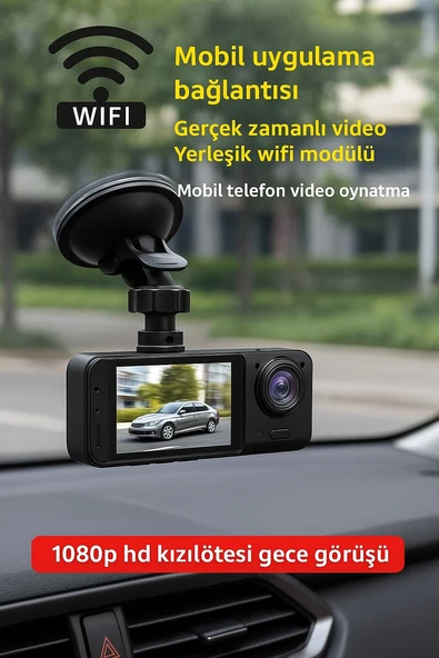 WiFi Destekli 3 Lensli Araç Kamerası  1080P Full HD Gece Görüşü, G Sensör, 360 Kayıt - 7